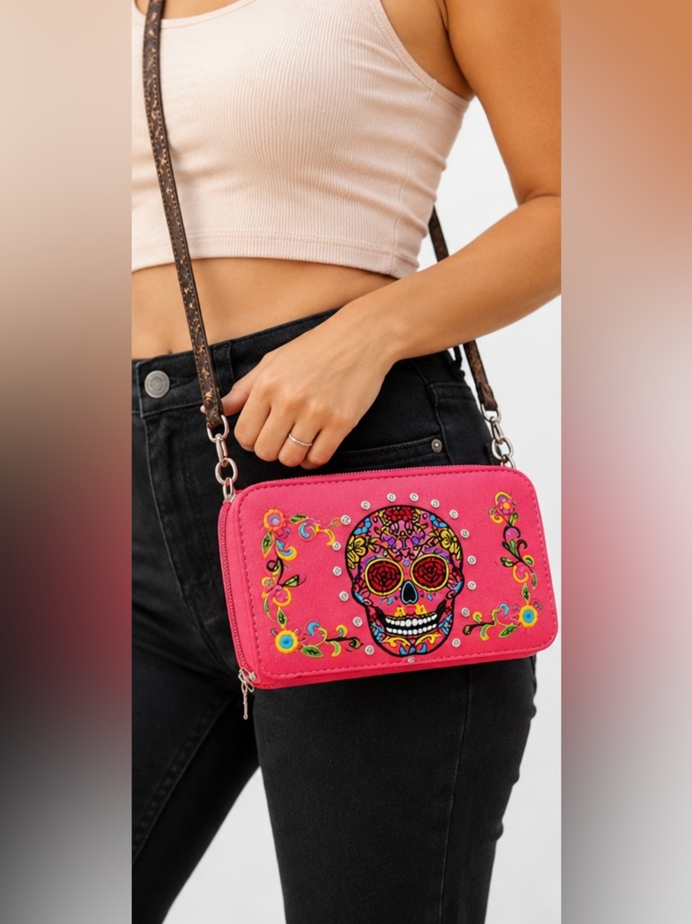 Skull Embroidered Crossbody Wallet Pink Rhinestone Trifold Boho Western Punk